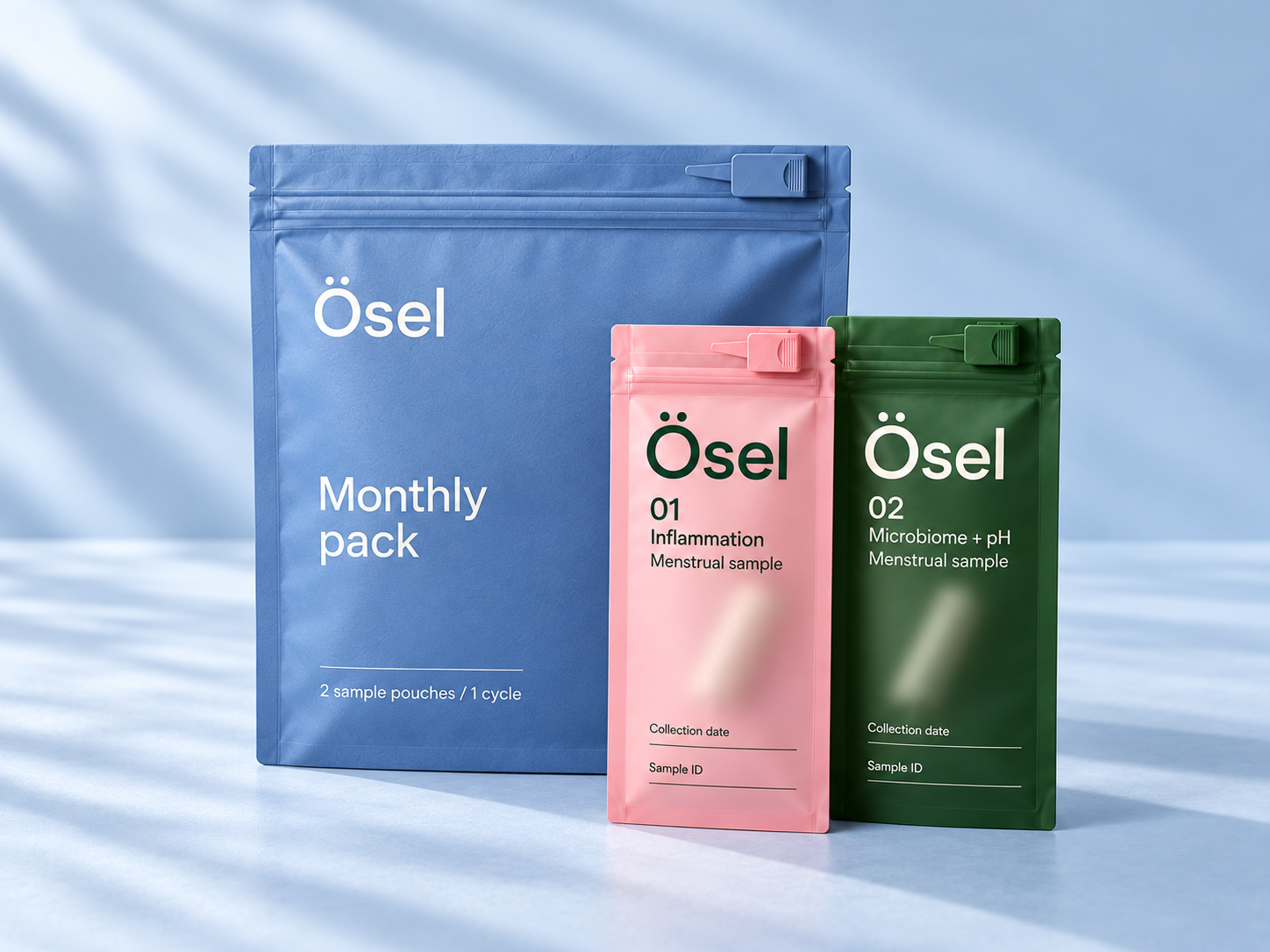 Blue Ösel Monthly pack with fresh pink and forest green sample pouches